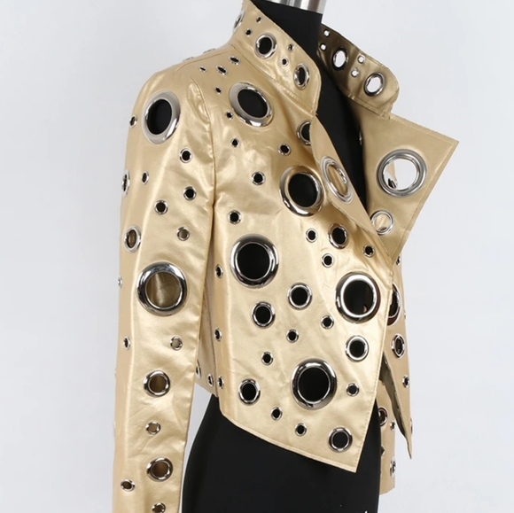 Gold Faux Leather Jacket With O Gold Hardware - Picture 3 of 7